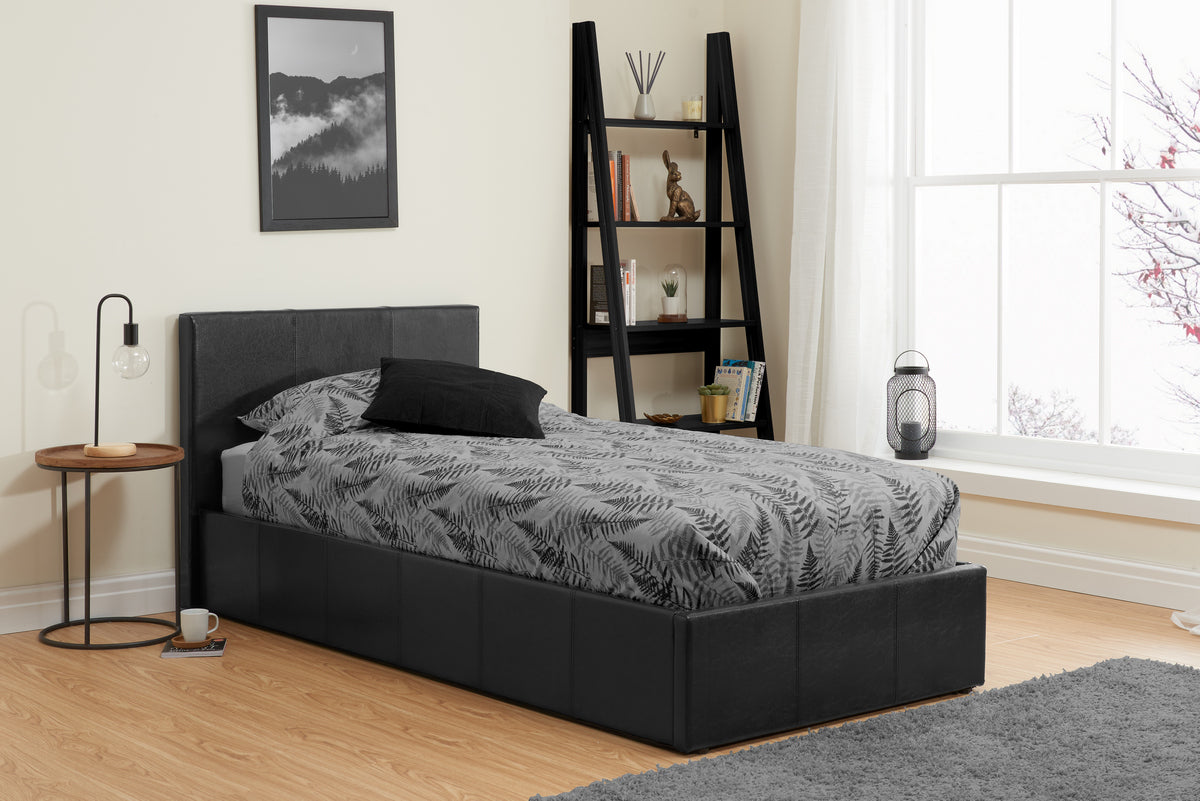 Contemporary Berlin End Lift Ottoman Storage Bedframe available in Black or Brown Faux Leather