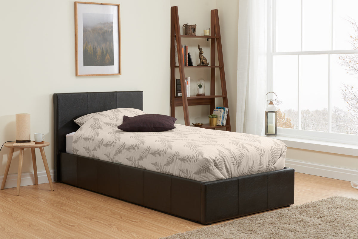 Contemporary Berlin End Lift Ottoman Storage Bedframe available in Black or Brown Faux Leather