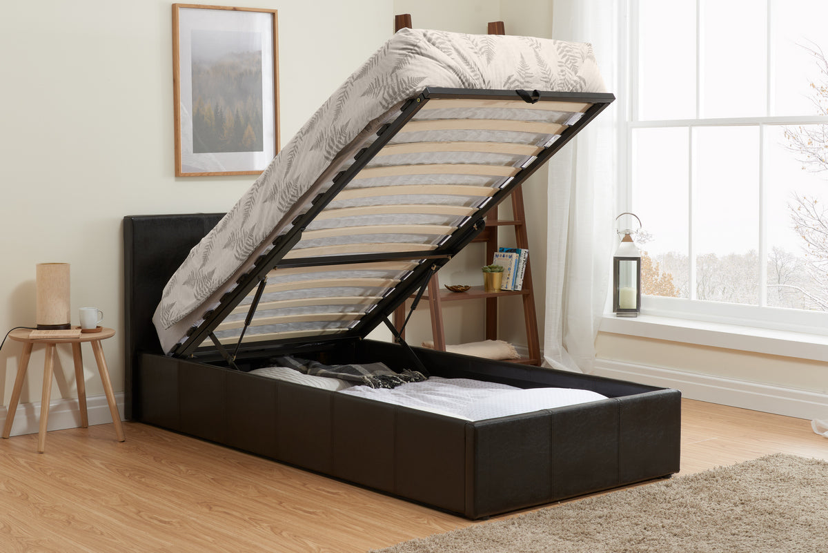 Contemporary Berlin End Lift Ottoman Storage Bedframe available in Black or Brown Faux Leather