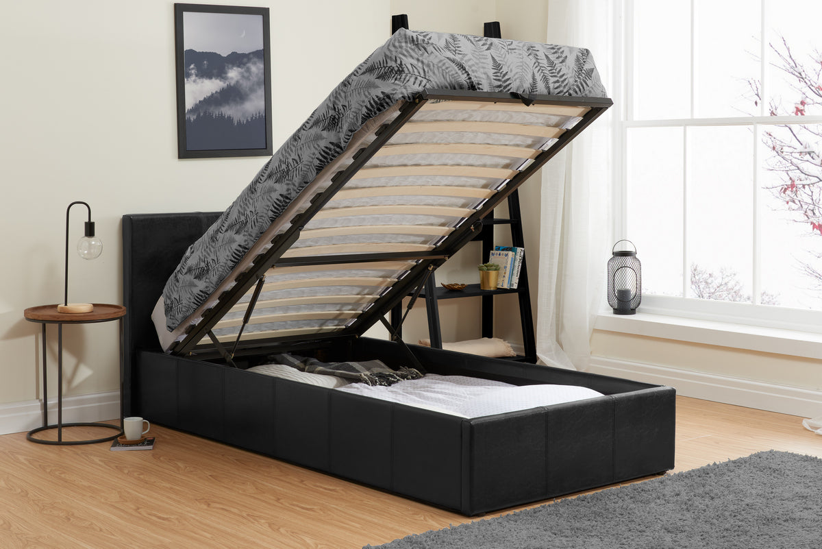 Contemporary Berlin End Lift Ottoman Storage Bedframe available in Black or Brown Faux Leather