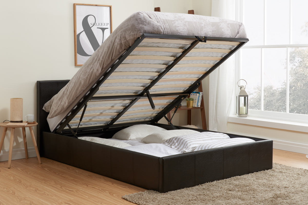 Contemporary Berlin End Lift Ottoman Storage Bedframe available in Black or Brown Faux Leather