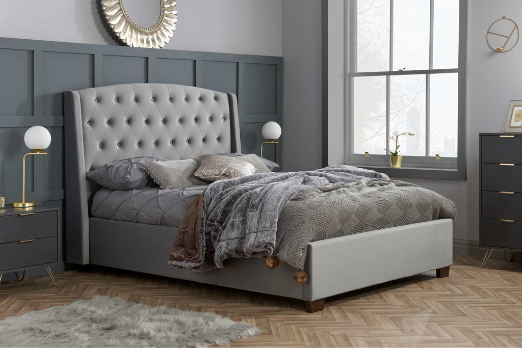 Balmoral Bed Grey velvet Suede Wingback Headboard